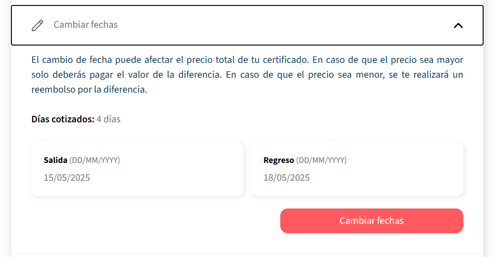 Formulario para cambiar las fechas del certificado